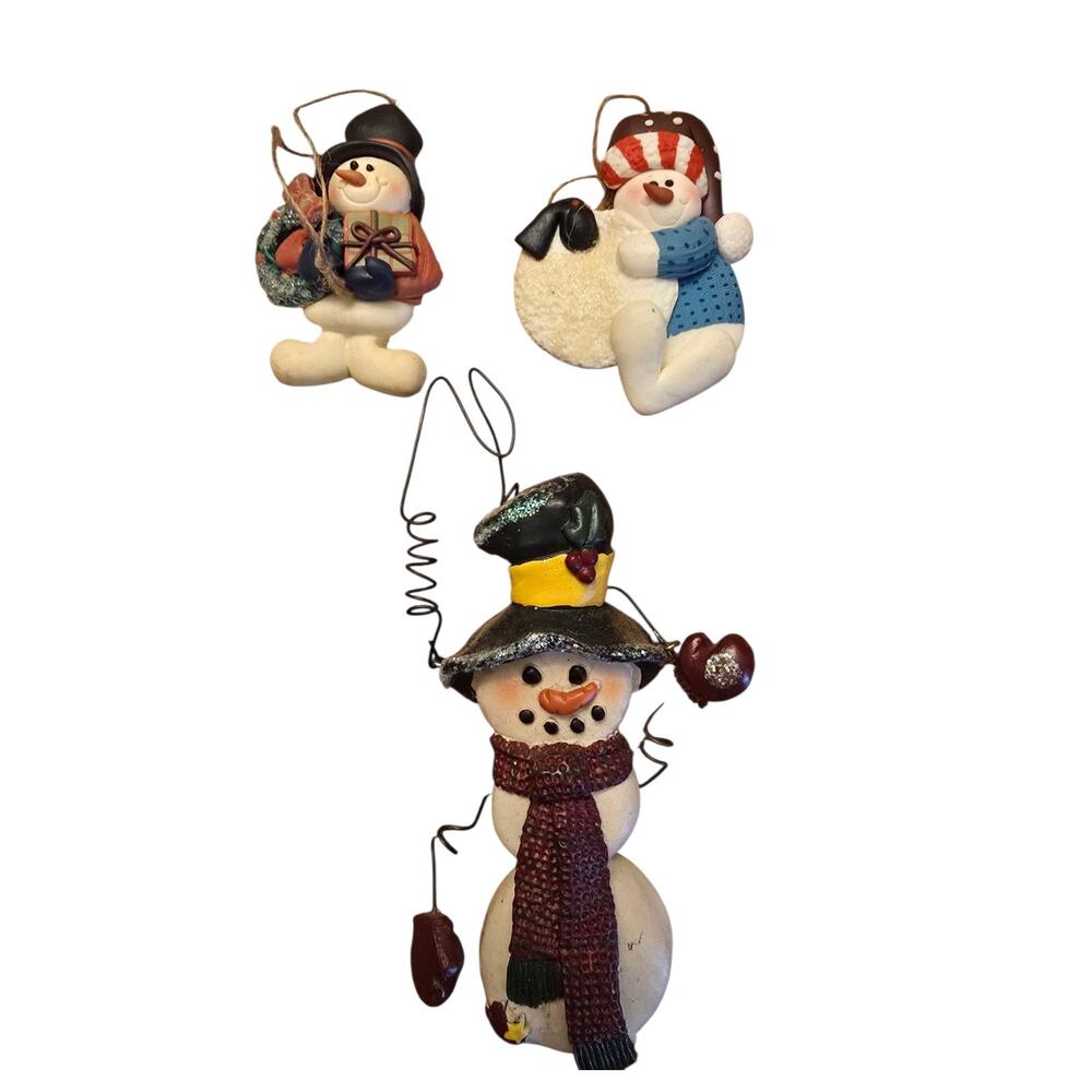 Vintage Henton Snowmen Set of 3 Christmas Ornaments Clay Ceramic